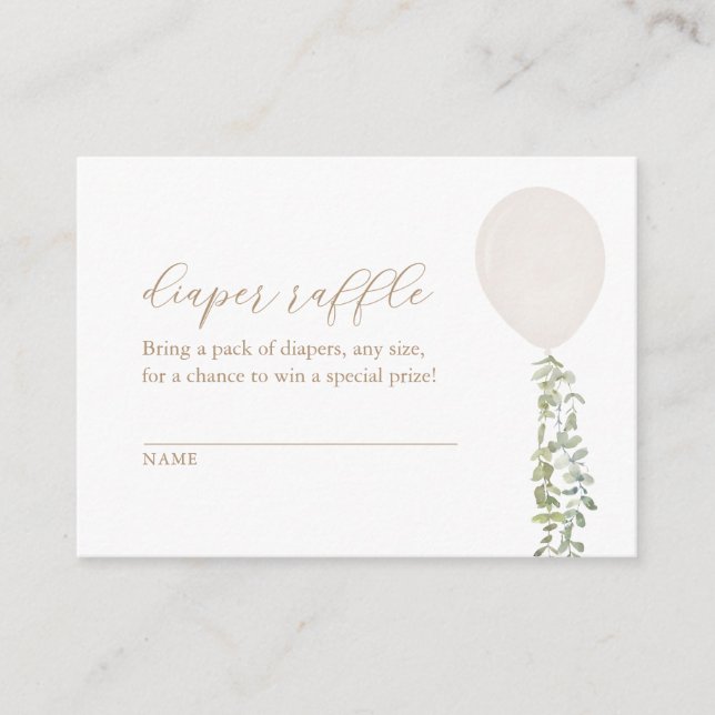 White Balloon Eucalyptus Diaper Raffle Ticket Enclosure Card (Front)