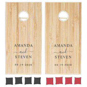 White Bamboo Couple Names with Wedding Date Cornhole Set