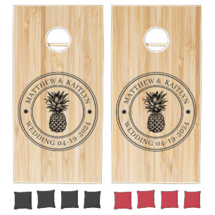 White Bamboo Pineapple Wedding Crest & Names Cornhole Set