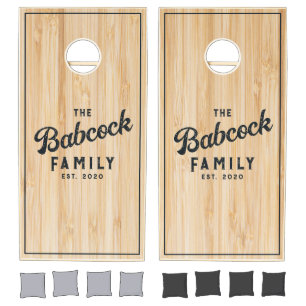 White Bamboo Retro Family Name & Year Cornhole Set