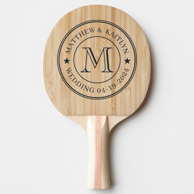 White Bamboo Wedding Monogram Star Ping Pong Paddle (Front)