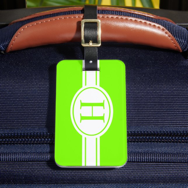 White band oval shield chartreuse monogram luggage tag (Front Insitu 2)