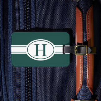 White band oval shield forest green monogram luggage tag