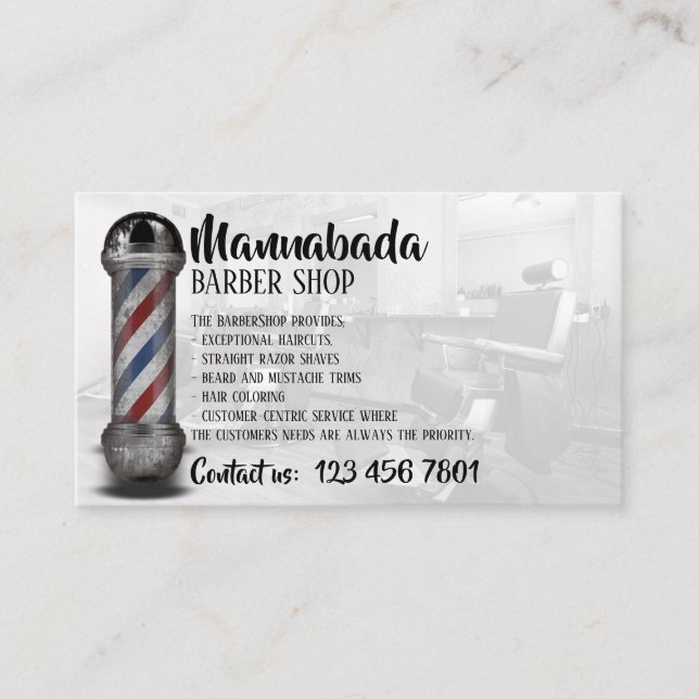 White Barber pole supply shop custom photo Business Card (Front)