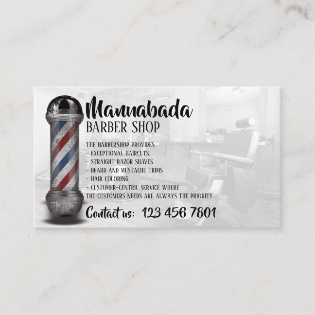 White Barber pole supply shop custom photo Business Card