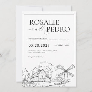 White Barn Farm Line Art Rustic Elegant Wedding Invitation