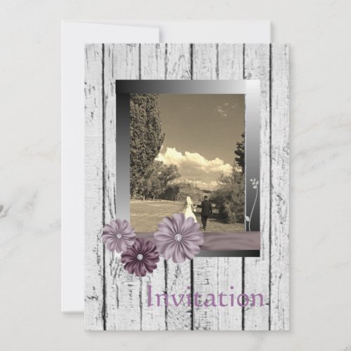 Barnwood purple daisy Country Wedding Invitation
