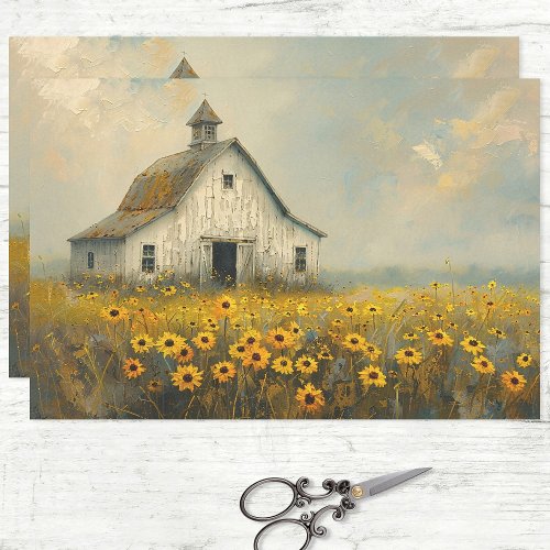 White Barn Yellow Flower Field Rustic Decoupage Tissue Paper