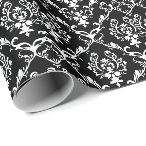 White Baroque Damasks Custom Black Background Wrapping Paper