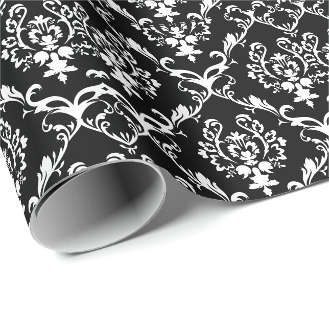 White Baroque Damasks Custom Black Background Wrapping Paper (Roll Corner)
