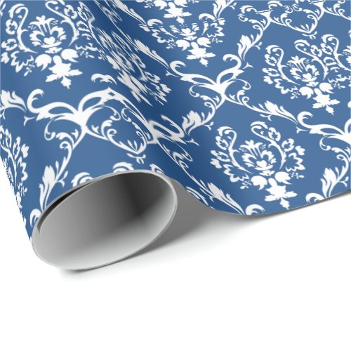 White Baroque Damasks Custom Blue Background Wrapping Paper
