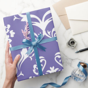 White Baroque Damasks Custom Purple Background Wrapping Paper
