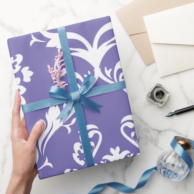 White Baroque Damasks Custom Purple Background Wrapping Paper (Gifting)