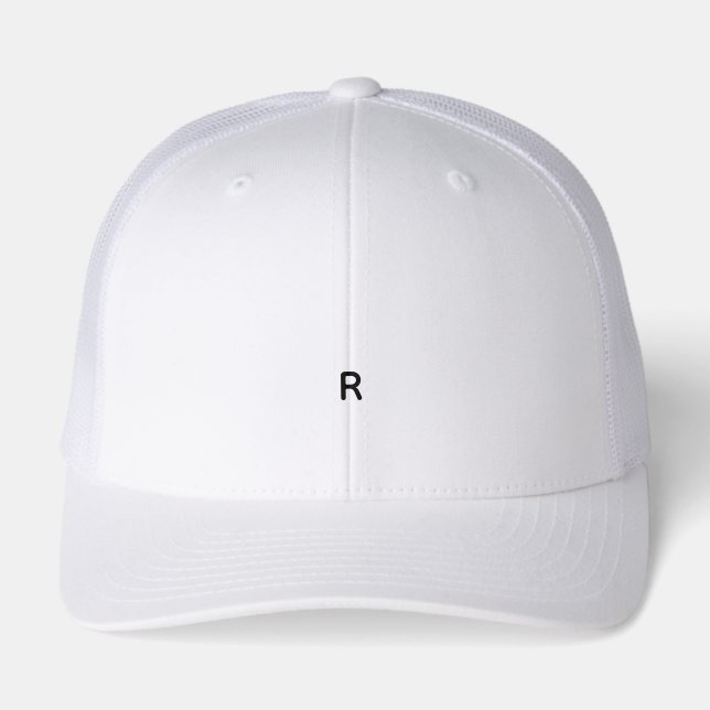 White baseball cap with a single black letter "R"  (Front)