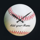 White Baseball clock add your name<br><div class="desc">White Baseball clock add your name
Personalized clock White Baseball red stitching Photo and design by Sandy Closs 


White Baseball red stitching baseball,  baseballs,  sport,  team,  sports,  catcher,  stadium, " little league",  leisure,  softball,  pitcher patriotic,  memorial day</div>