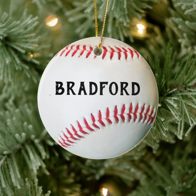 White Baseball with personalized name or text Ceramic Ornament (Tree)