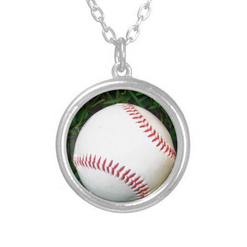 White Baseball with Red Stitching Silver Plated Necklace