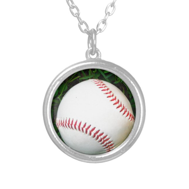 White Baseball with Red Stitching Silver Plated Necklace (Front)