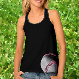 White Baseball with Red Stitching Sporty Black Tank Top