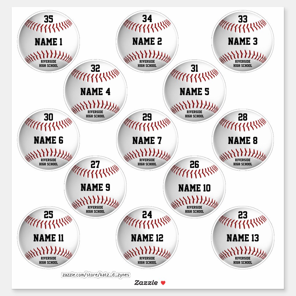baseballs set 13 personalized player names stickers