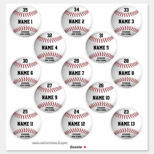 white baseballs set 13 personalized player names sticker