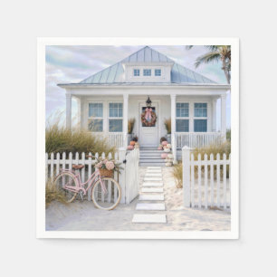 White Beach Cottage with Pink Pumpkins and Bicycle Napkins
