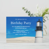 White Beach Sand Scenic Lighthouse Birthday Party Invitation (Standing Front)