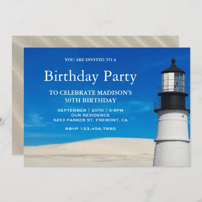 White Beach Sand Scenic Lighthouse Birthday Party Invitation (Front/Back)