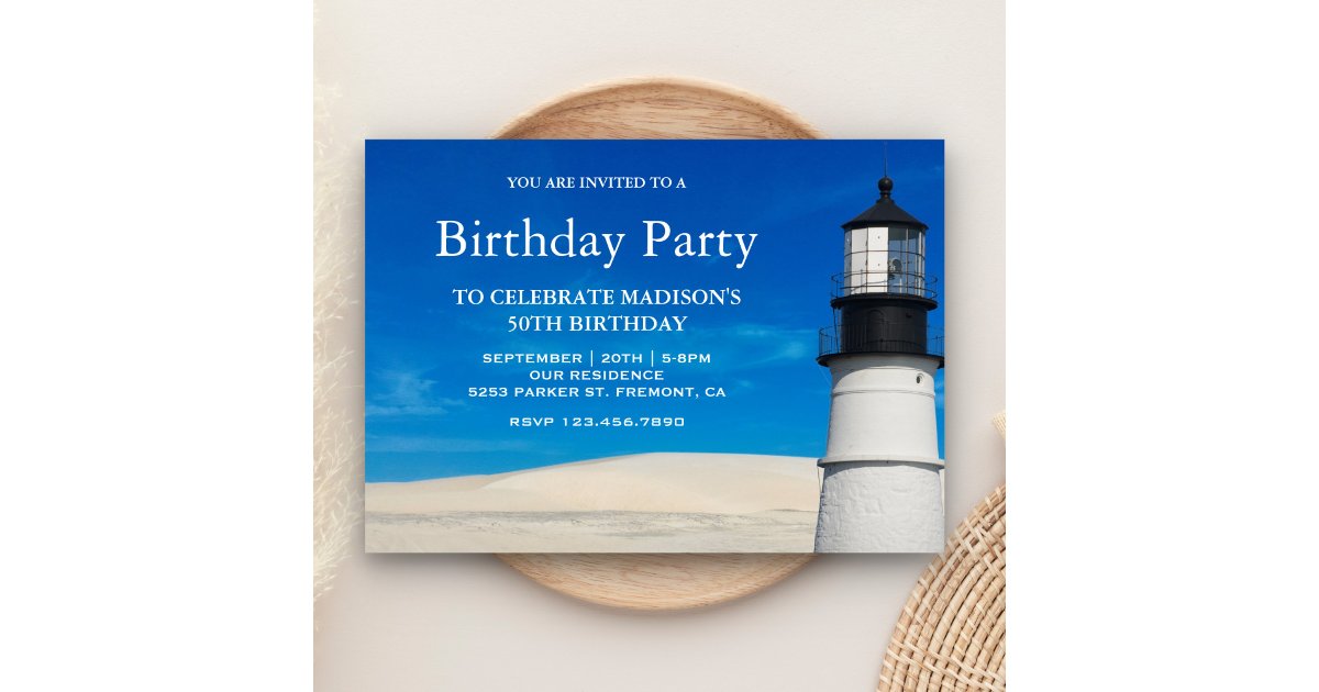 White Beach Sand Scenic Lighthouse Birthday Party Invitation | Zazzle