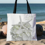 White Beach Wedding Starfish Hydrangea Welcome Tote Bag<br><div class="desc">Welcome to our wedding big tote. Large tote bag with white sea star and hydrangea flower design. Part of the Seaside Garden design line, this usable wedding favor contains two places for your text. Sample wording is a short “welcome to our wedding in [location]” to be used for a destination...</div>