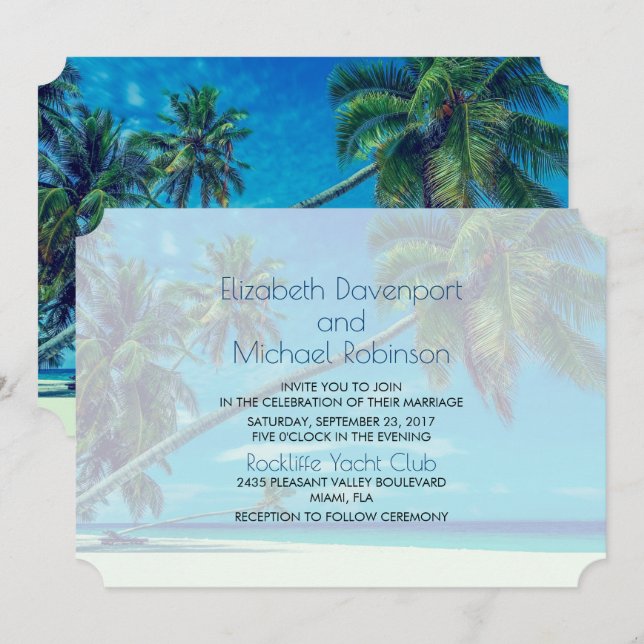 White Beach with Tropical Palms Wedding Invitation (Front/Back)