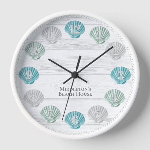 White Beach Wood with Colorful Seashells  Clock