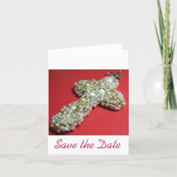 White Beaded Cross Save The Date Card by busycrowstudio at Zazzle