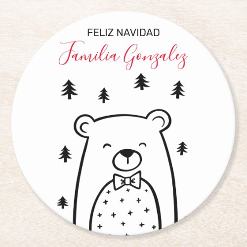 White Bear in Forest Holiday Round Paper Coaster