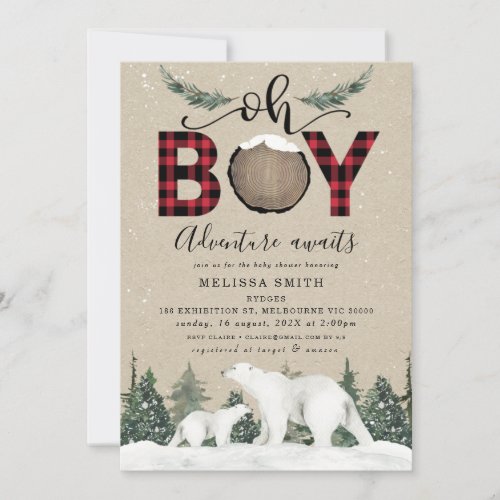 White Bear Oh Boy Flannel Lumberjack Baby Shower Invitation