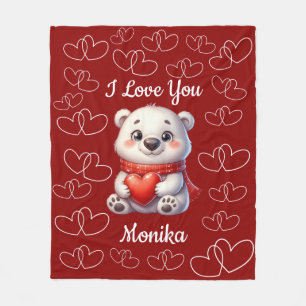 White Bear & Red I Love You Personalized Name Fleece Blanket