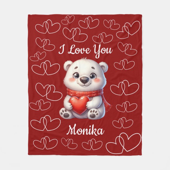White Bear & Red I Love You Personalized Name Fleece Blanket (Front)