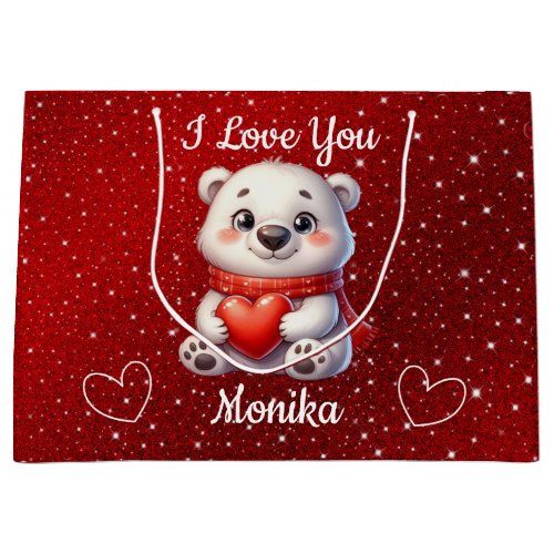 White Bear  Red I Love You Personalized Name Large Gift Bag