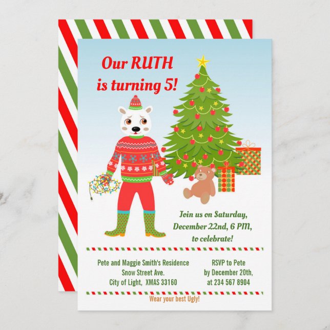 White bear Ugly Sweater Birthday Party  Invitation (Front/Back)