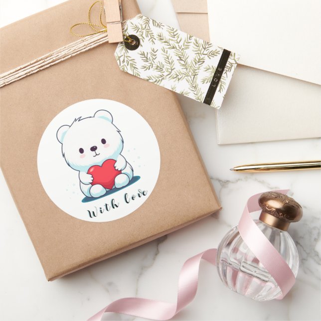 White bear with a heart, personalized classic round sticker (Gifting)