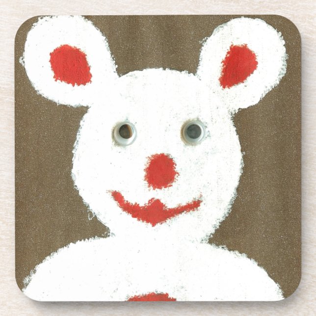 White Bear with Red Nose, Mouth, and Ears (Santa) Beverage Coaster (Front)