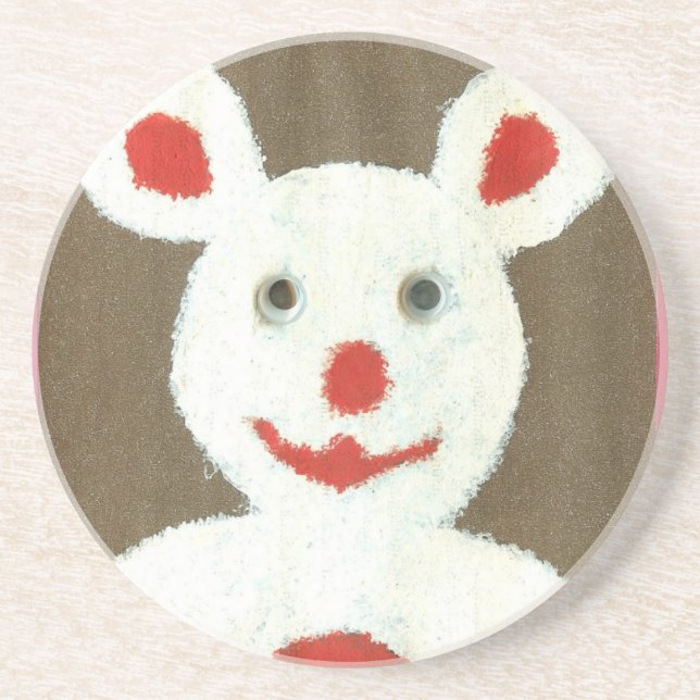 White Bear with Red Nose, Mouth, and Ears (Santa) Sandstone Coaster (Front)