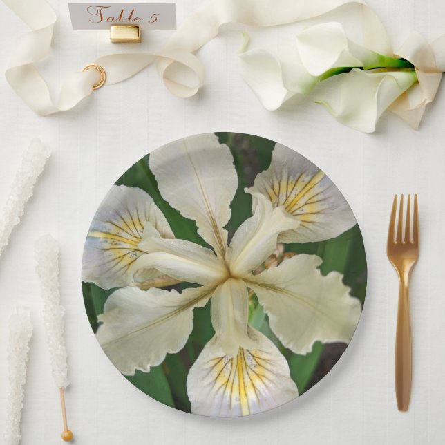 White Beardless Iris Bloom Floral Paper Plates (Wedding)