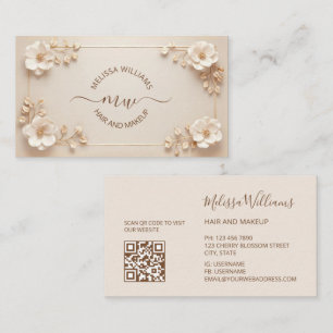 White Beige 3D Flowers Initials Business Card