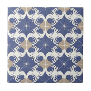White, beige and dark blue floral ceramic tile