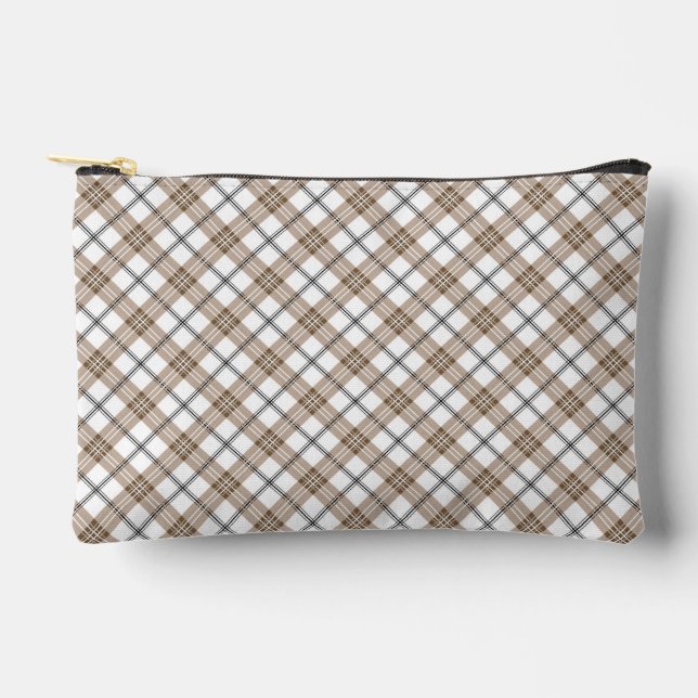 White beige black diagonal light checkered pattern accessory pouch (Front)