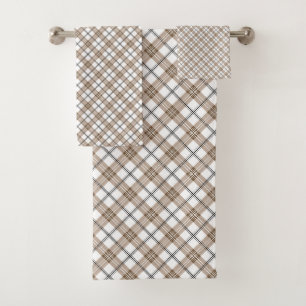 White beige black diagonal light checkered pattern bath towel set