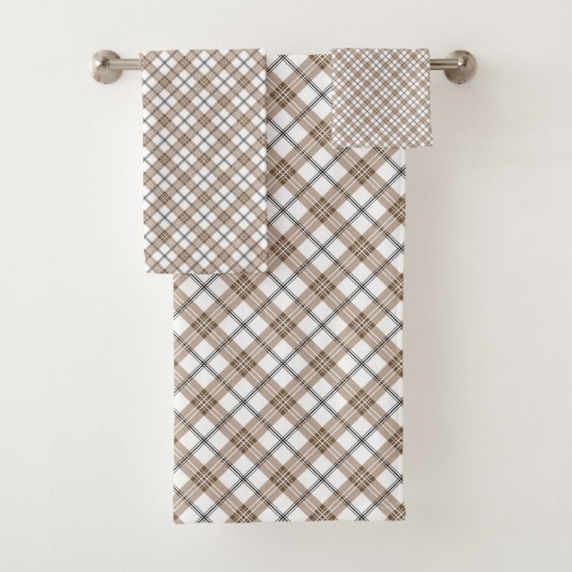 White beige black diagonal light checkered pattern bath towel set (Insitu)