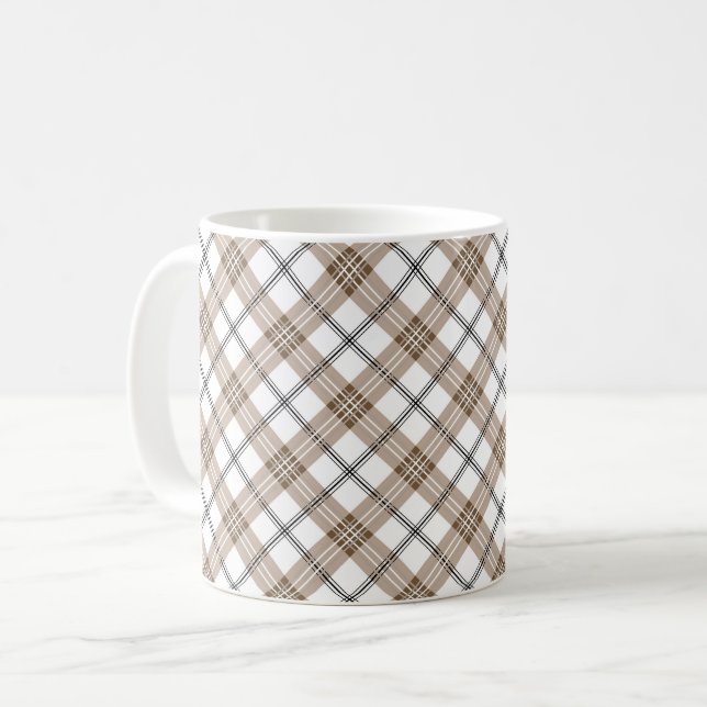 White beige black diagonal light checkered pattern coffee mug (Front Left)