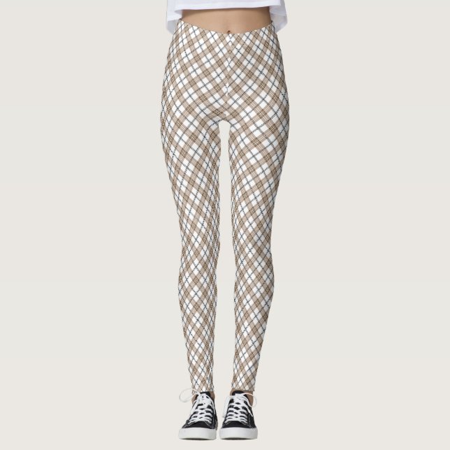 White beige black diagonal light checkered pattern leggings (Front)